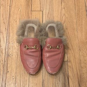 Gucci Women's Pink Leather Fur Mules